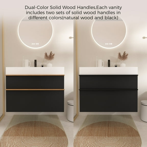 Modern Bathroom Vanity VELA 36 Inch Black Wall Mounted Bathroom Vanity with Integrated Acrylic Sink, 2 Soft-Close Drawers, Pre-Assembled,Modern Floating Cabinet,Wooden Bathroom Vanity