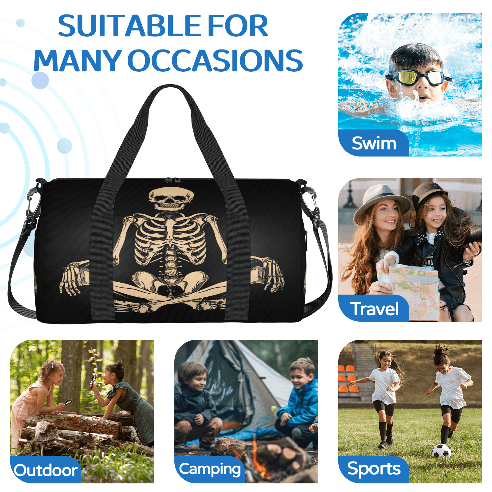 Herdesigns Funny Human Skeleton Skull Gym Bag for Women, Duffle Bag for Travel Sport, Lightweight Waterproof Carry on Weekender Overnight Dance Yoga Workout Bags