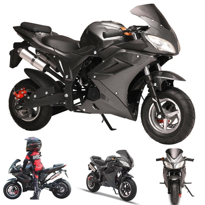 Floseru 49cc Kids Rocket Motorcycle,4-Stroke Gas Power Mini Motorcycle,Motocross with Hydraulic Shock Absorption Dual Headlights Pocket Motorbike with Front Rear Disc Brakes