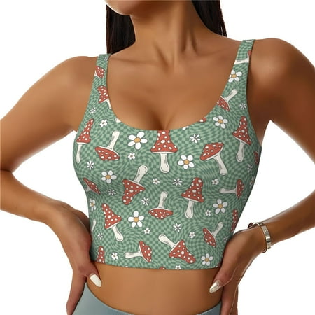 Jgfou Retro Hippie Groovy Mushroom Print Womens Sports Bra - Padded Workout Sports Bras Crop Tank Top