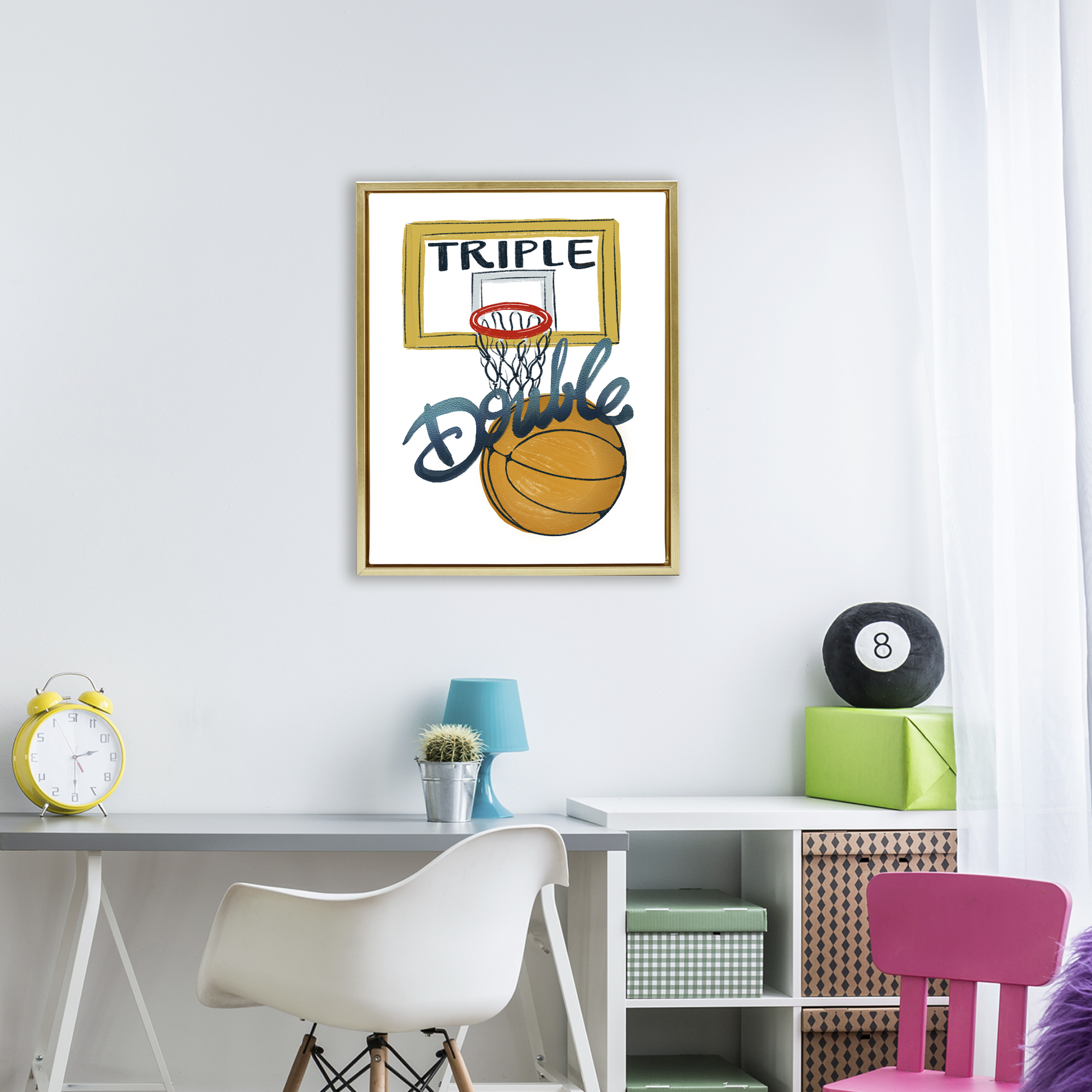 Triple Double Basketball Gold Framed Floater Canvas Wall Art, design by Connie Summers