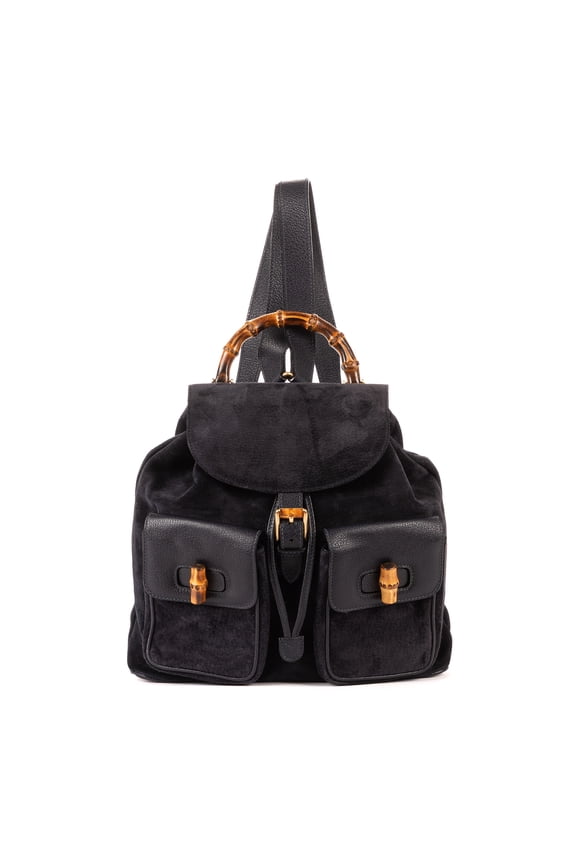 Pre-Owned Gucci Blue Large Bamboo Backpack Backpack Suede Leather