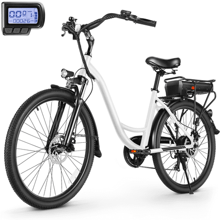 Funcid 26" Electric Bike for Adults, 350W Step Through Electric City Cruiser Bicycle with 48V 10.4Ah 500Wh Lithium Battery, LCD Display, Shimano 7 Speed, 5 Riding Modes Low-Step Commuter Ebike