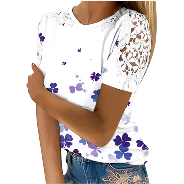 Camisas de Manga Corta para las Mujeres Impresión Cuello Redondo Suéter Encaje Blusa, Top Casual para el Hogar Y Diario