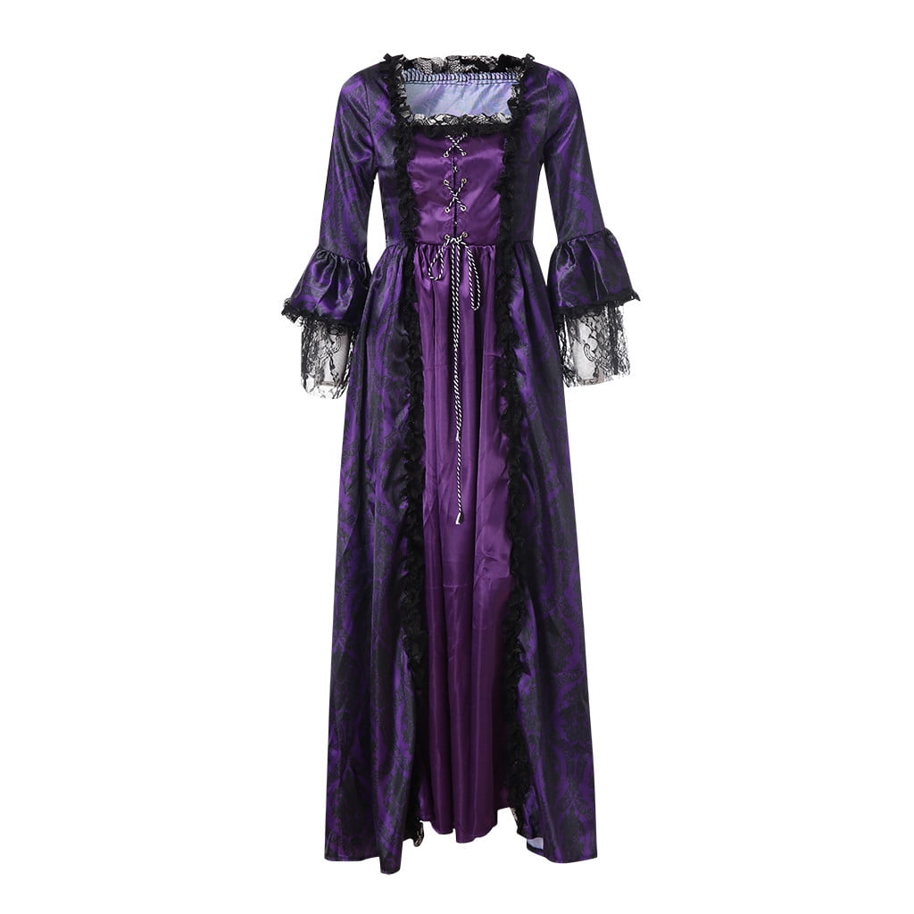 RYRJJ Women's Gorgeous Gothic Ball Gown Flared Sleeves Renaissance Vintage Medieval Dress Square Neck Lace Patchwork Masquerade Maxi Long Dress(Purple,3XL)