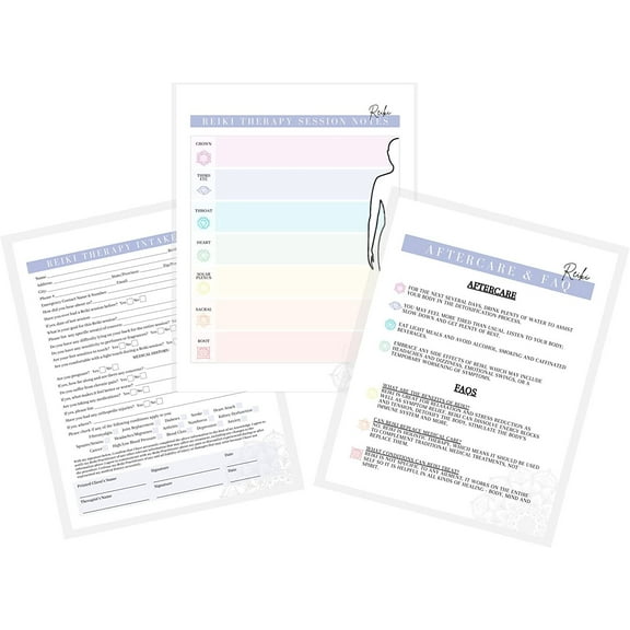 Reiki Intake Forms, Aftercare Cards, Consent, Session Notes Healing Bundle Chakra Grid Distant Sessions  75 pk, 25 of Each 5 Forms  Instructions Client Signature History 8.5x11 A1