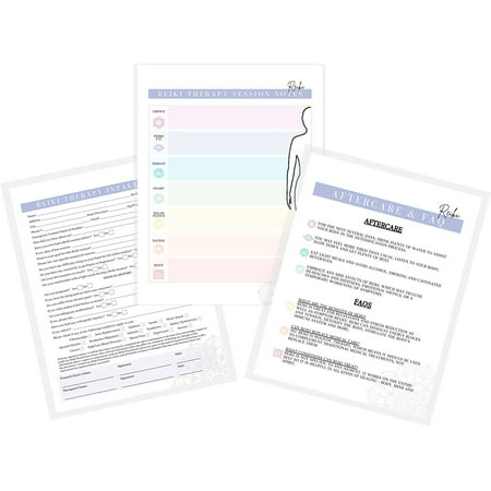 Reiki Intake Forms, Aftercare Cards, Consent, Session Notes Healing Bundle Chakra Grid Distant Sessions 75 pk, 25 of Each 5 Forms Instructions Client Signature History 8.5x11 A1