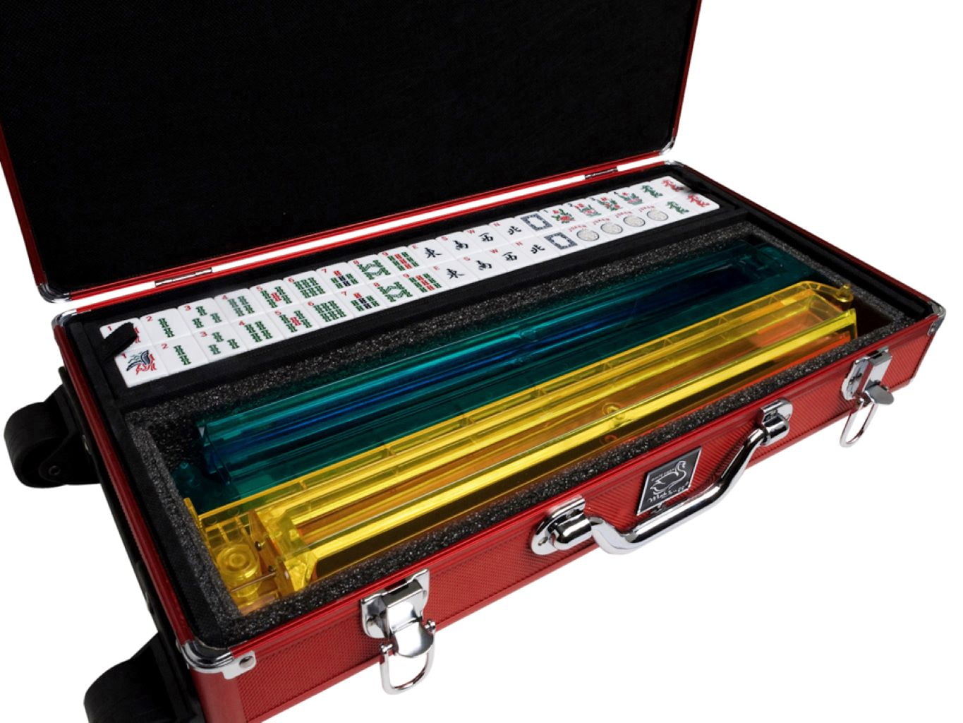 White Swan American Mahjong Set in Wheeled Red Case - Ivory Tiles - Modern Pushers