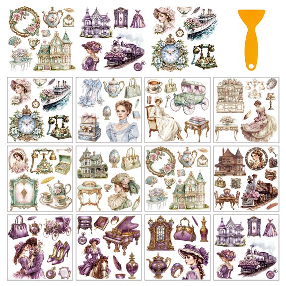 12 Sheets Victorian Theme Rub on Transfers for Craft Princess Royal Transfer Sticker Furniture Decals Waterproof Stickers