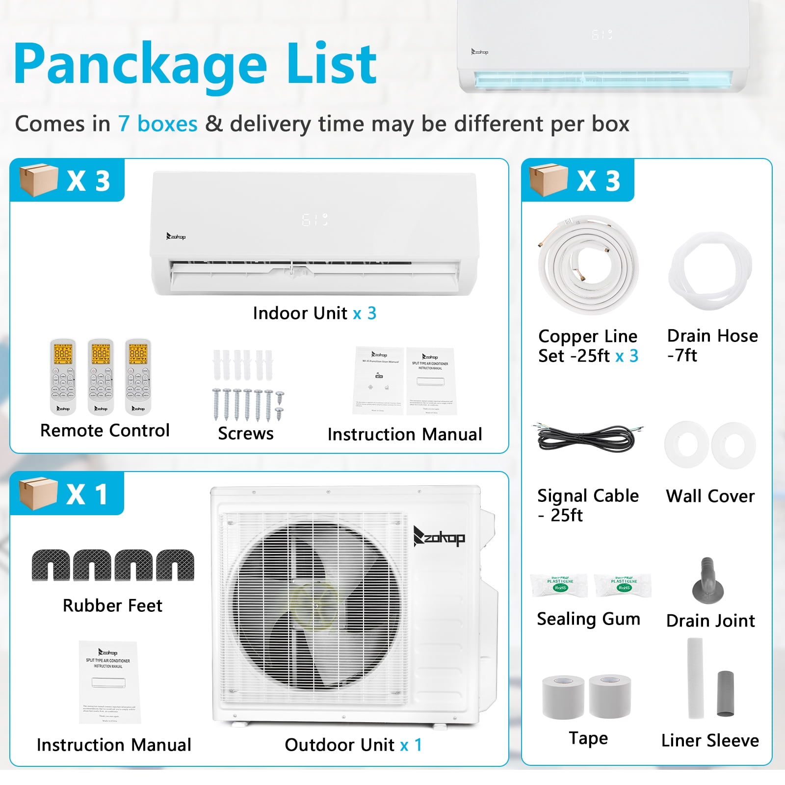 Ktaxon 3 Zone 9000 + 9000 + 18000 BTU WIFI Mini Split AC/Heating System, 19 SEER Tri Zone 27000 BTU Ductless Split Air Conditioner with Pre-Charged Condenser, Heat Pump & 25Ft Line Set, 208-230V