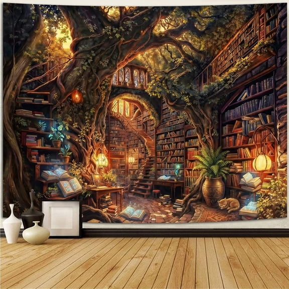 Simpkeely Forest Library Tapestry, Magical Tree Bookshelf Wall Hanging, Fantasy Aesthetic Wall Art for Classroom, Living Room, Dorm - 51.2" x 59.1"