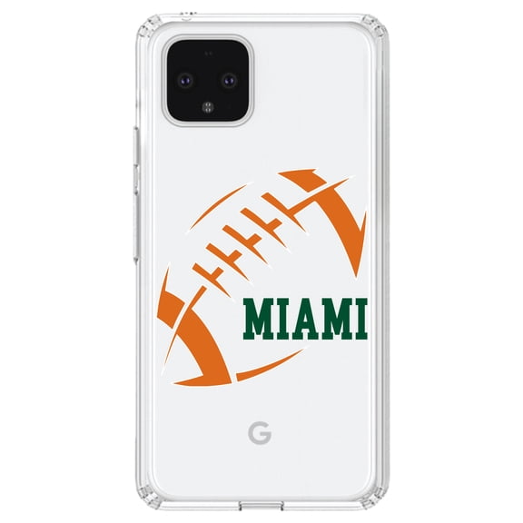 DistinctInk Clear Shockproof Hybrid Case for Google Pixel 4 XL (6.3" Screen) - TPU Bumper, Acrylic Back, Tempered Glass Screen Protector - Miami Football - Orange, Green