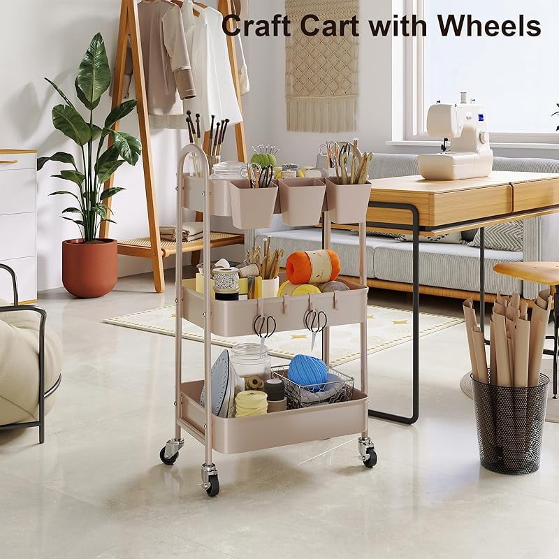 3 Tier Green Metal Rolling Cart with Lockable Wheels and Handle, 3 Tiered Utility Storage Organizer Carts for Teachers, Arts, Craft, Snack, Book, Bedside, Nursery, Cleaning Supplies, Easy Assembly