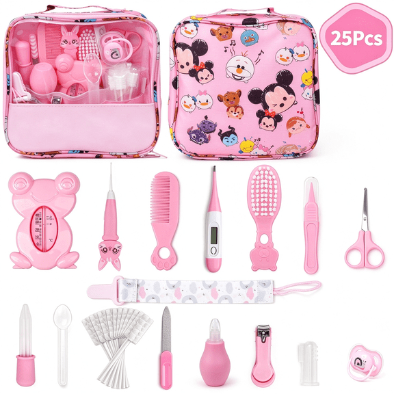 Qissep Baby Healthcare and Grooming Kit, 25 in 1 Baby Grooming Kit with Hair Brush Comb, Nail Clipper, Nasal Aspirator, Baby Essentials as a Newborn,Best Gifts for Infant Girls Boys,Pink
