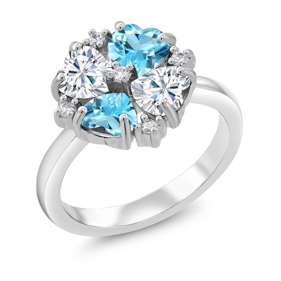 Gem Stone King 925 Sterling Silver Moissanite and Swiss Blue Topaz Ring for Women (2.18 Cttw, Heart Shape 5MM, Gemstone Birthstone, Size 6)