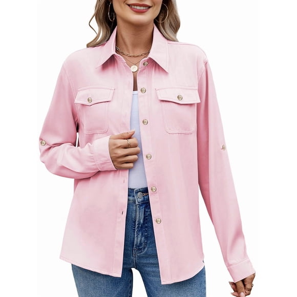 Women Button Down Shirts Casual Long Sleeve V Neck Chambray Blouse Top Pink XL