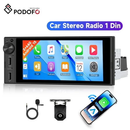 Podofo Android 15 2G 64G 6" Touch Single Din Car Stereo with Wireless A-pple Carplay Android Auto, Backup Camera