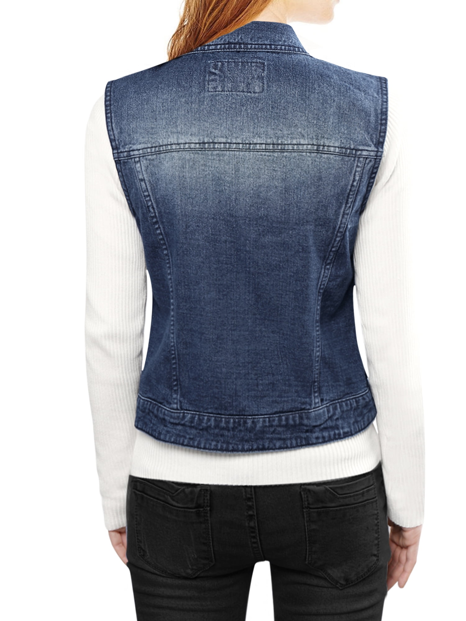 DARING DIVA Women's Denim Sleeveless Flap Pockets Vest Jacket S Dark Blue