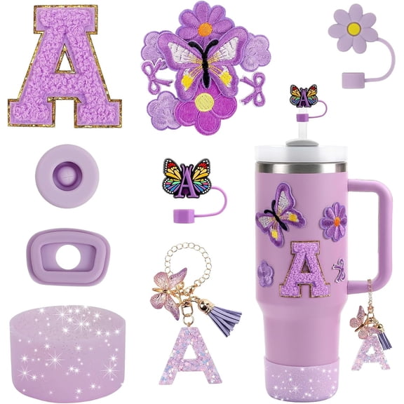 15PCS Cup Accessories Set for Stanley Cup 30oz 40oz Tumbler with Handle, Including Silicone Straw Cover and Boot, Spill Proof Stopper, Stanley Charms, Handle Charm, Initials Sticker