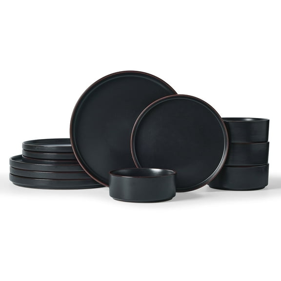 Famiware Nebula Stoneware Dinnerware Sets, 12-Piece Dish Set, Matte Black