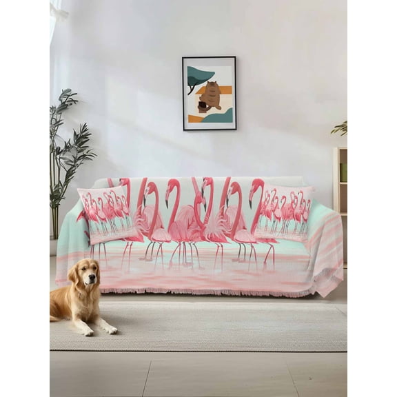 Pink Flamingo Couch Cover, Summer Tropical Flamingo Hawaii Animals Sofa Cover Blanket for Loveseat Couches, Sectional Sofa Slipcover Furniture Protector for Living Room Bedroom 71''x118''