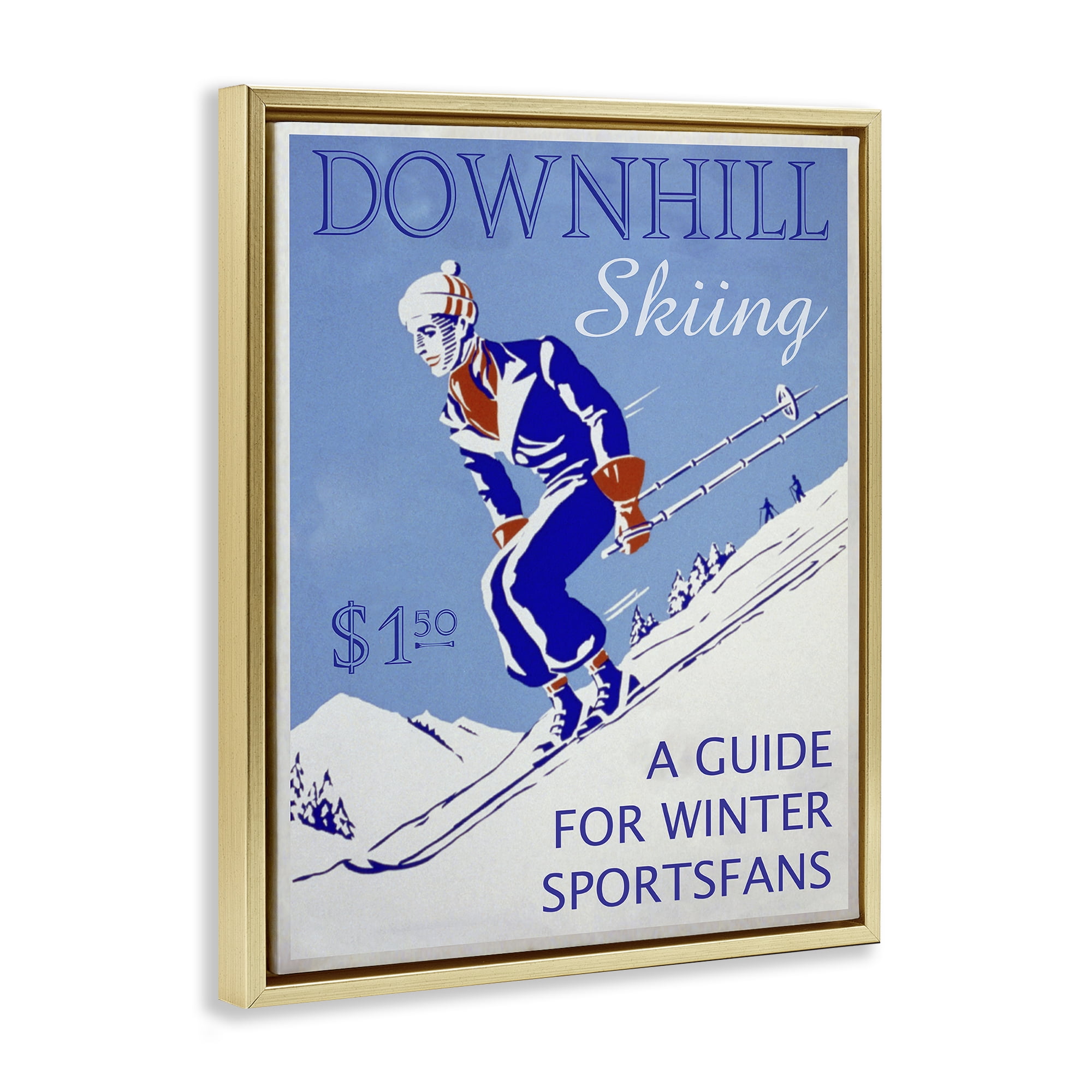 Stupell Industries Vintage Downhill Skiing Sports Painting Gold Floater Framed Canvas Art Prints Wall Art, 17 x 21