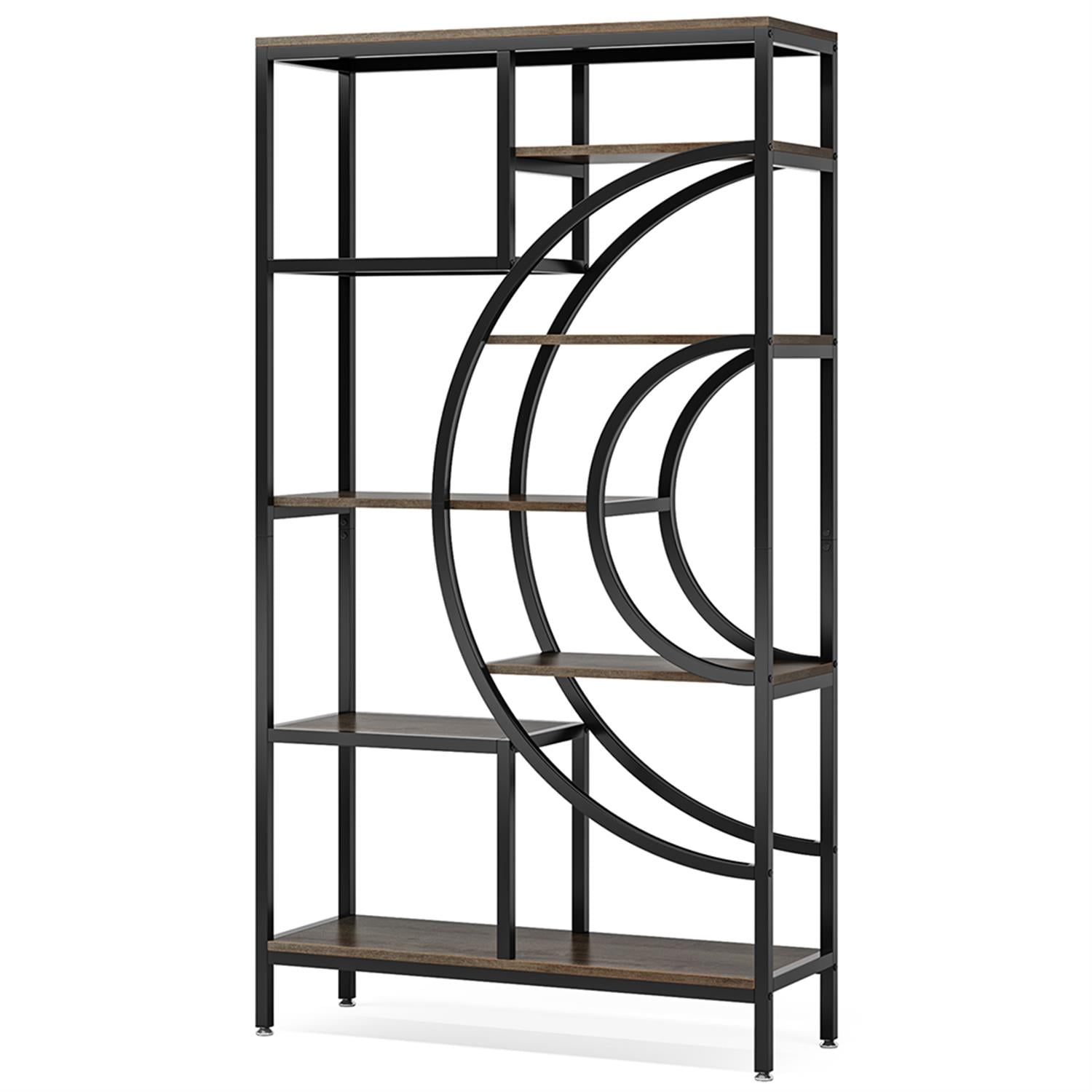 Demi Bonn 8 Tier Bookshelf, Wood and Metal Bookcase Storage Organizer, 71" Tall Geometric Display Standing Shelf Unit for Bedroom, Living Room, Brown