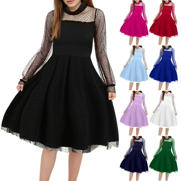 Xyant Girls Dress Contrast Mesh Puff Long Sleeve Neck Formal Party A Line Short Tulle Dress Black,10-12 Years