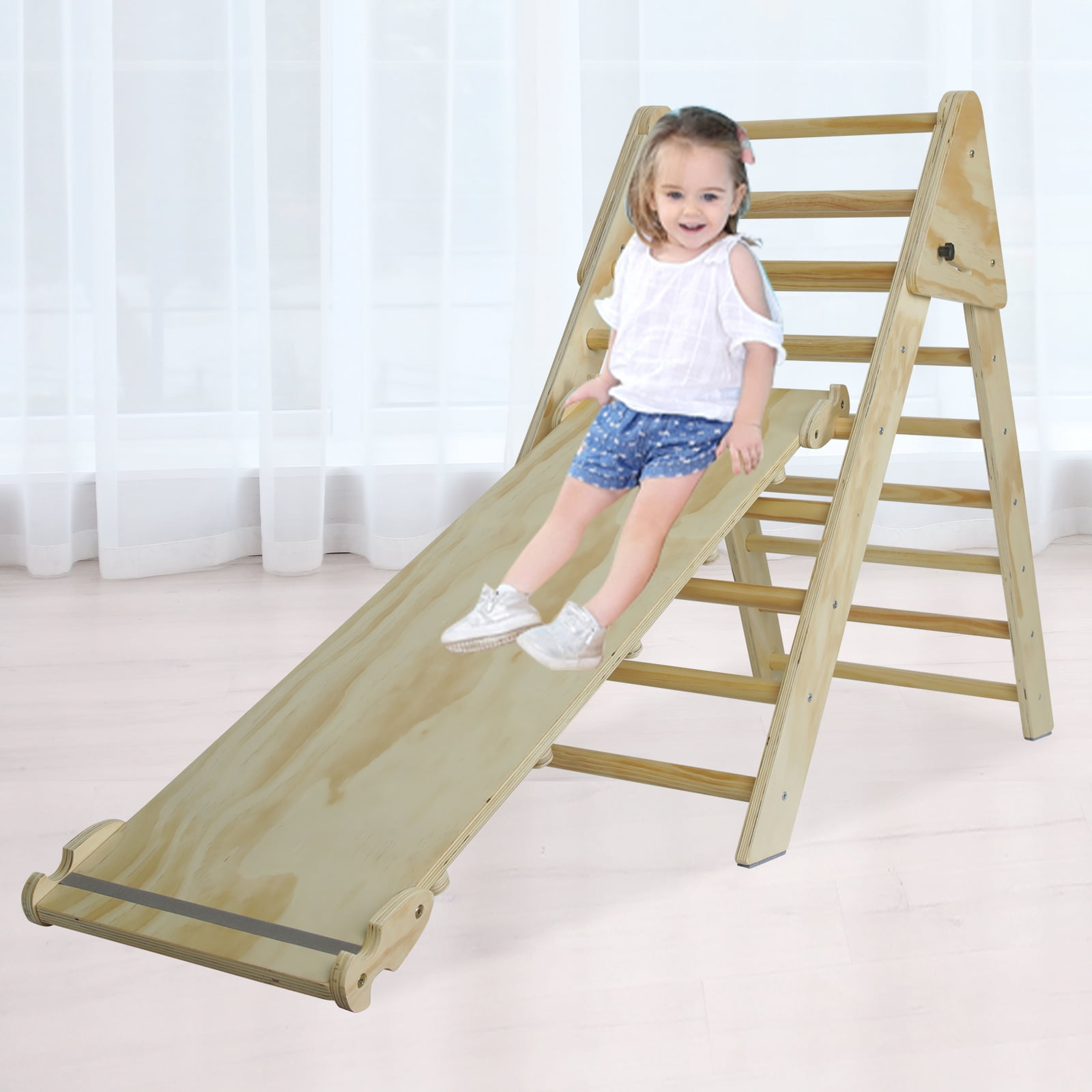 Natural Wood Pikler Triangle Ladder with Ramp & Slide, Foldable 2-in-1 Wooden Climbing Play Gym, Montessori Climber for Toddlers Kids Ages 1-7