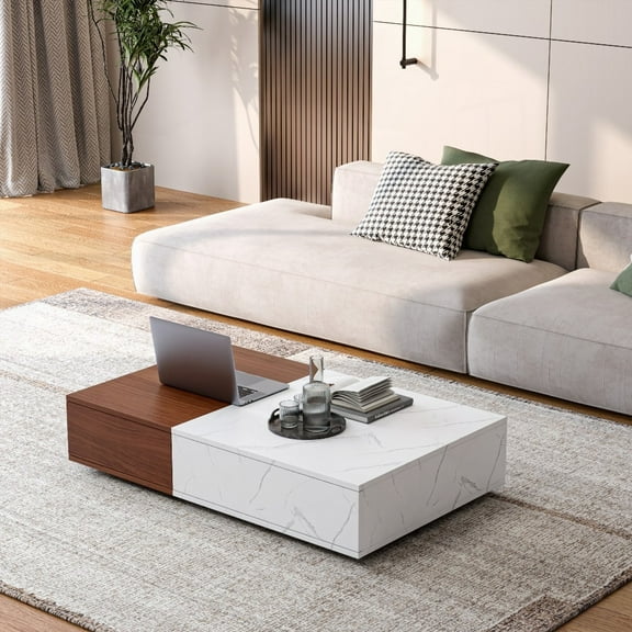 The Space-Saving Walnut Coffee Table with Two Storage Spaces and Marble Veneer for Living Room