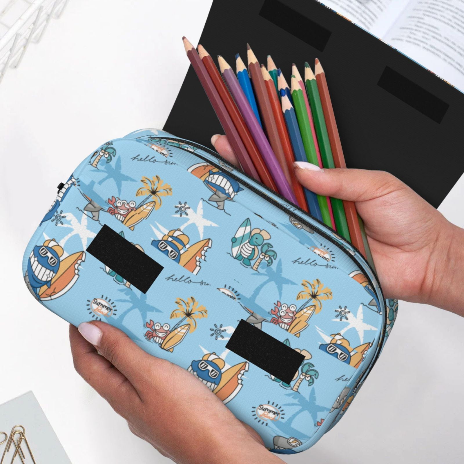 Rateoe Cute Animals Surfers Pattern Double Clamshell Pen Case, Storage Organizer with Two Zipper Compartments– Holds Up to 50 Pencils & Pens