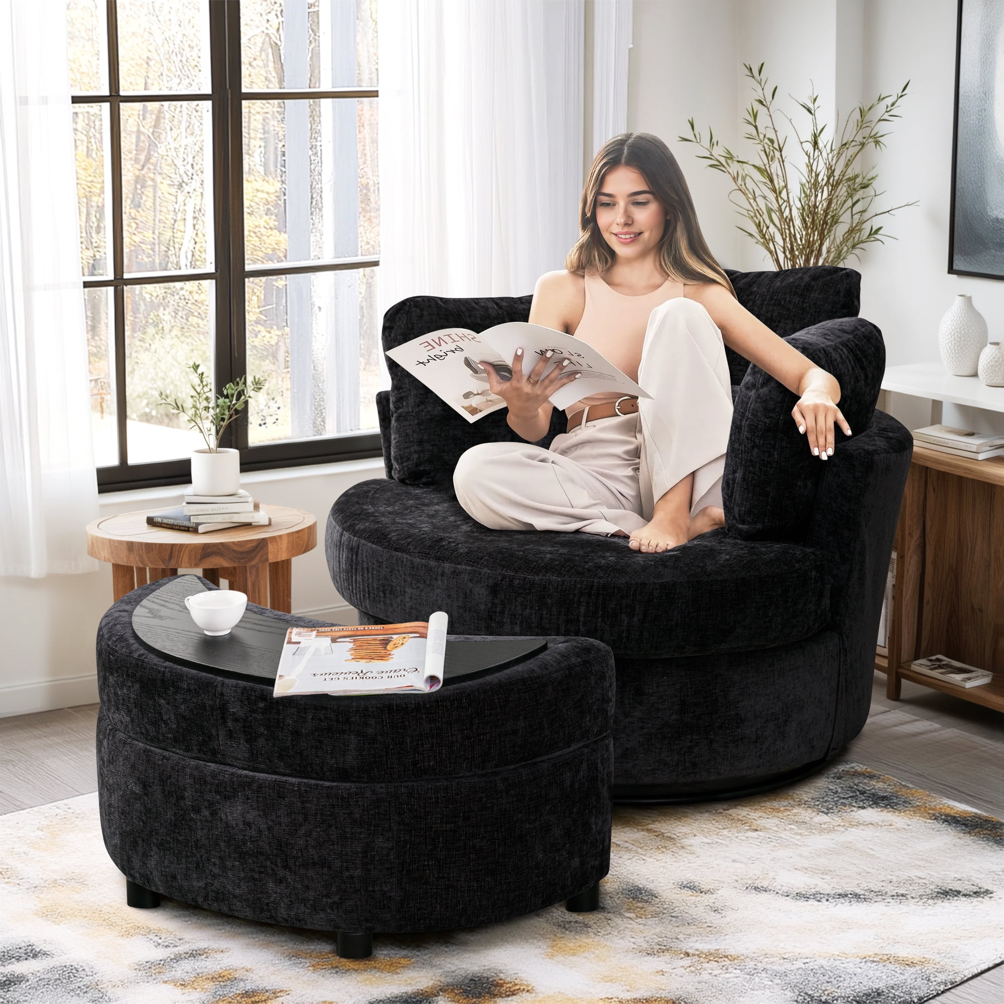 Dinosisco Oversized Swivel Accent Barrel Chair with Storage Ottoman, Chenille, Indoor, Black
