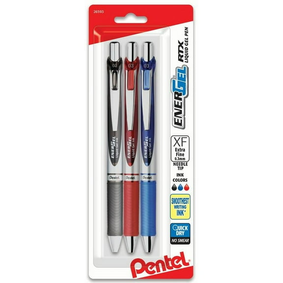 Pentel EnerGel RTX Gel Pen, 0.3mm, Needle, Extra Fine Line, Assorted Ink, 3pk