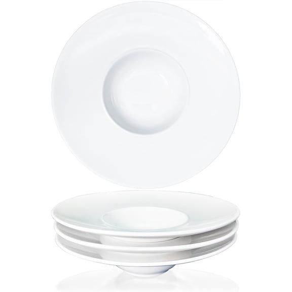 Ceramics Rimmed Soup Bowls 5.1 oz, White 8.5 inch Exquisite small soup plate Set of 4, Pasta plates With Rim is  choice for hotels, kitchens, fine restaurants and gourmets