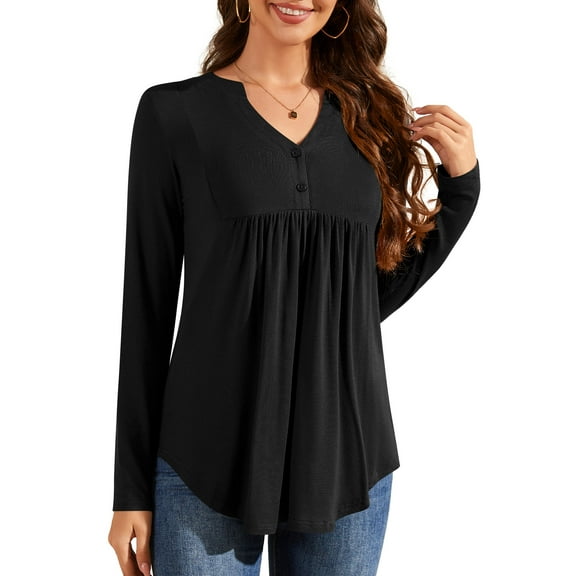 Fancyglim Henley Shirts for Women V Neck Long Sleeve Casual Loose Pleated Tunic Tops