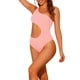 thumbnail image 4 of INSPIRAR CHIC Traje de baño de una pieza para mujer, con un solo hombro, corte asimétrico en la cintura, monokini sólido, color rosa, talla pequeña, 4 of 5