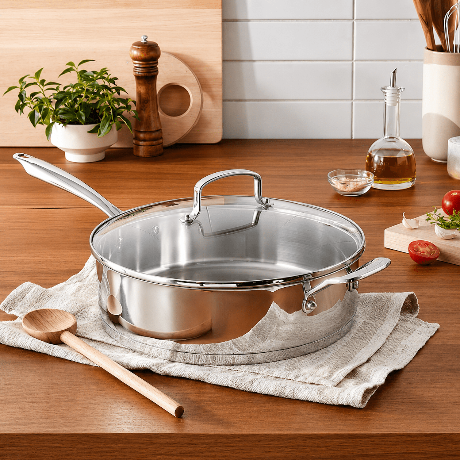 CoreClad 6-Quart Tri-Ply Stainless Steel Saute Pan with Glass Lid