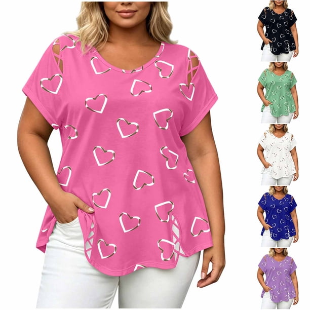Neewe Womens Tops Short Sleeve T Shirts Print Dressy Casual Round Neck Summer Clothes Outfits Blouses Loose Fit