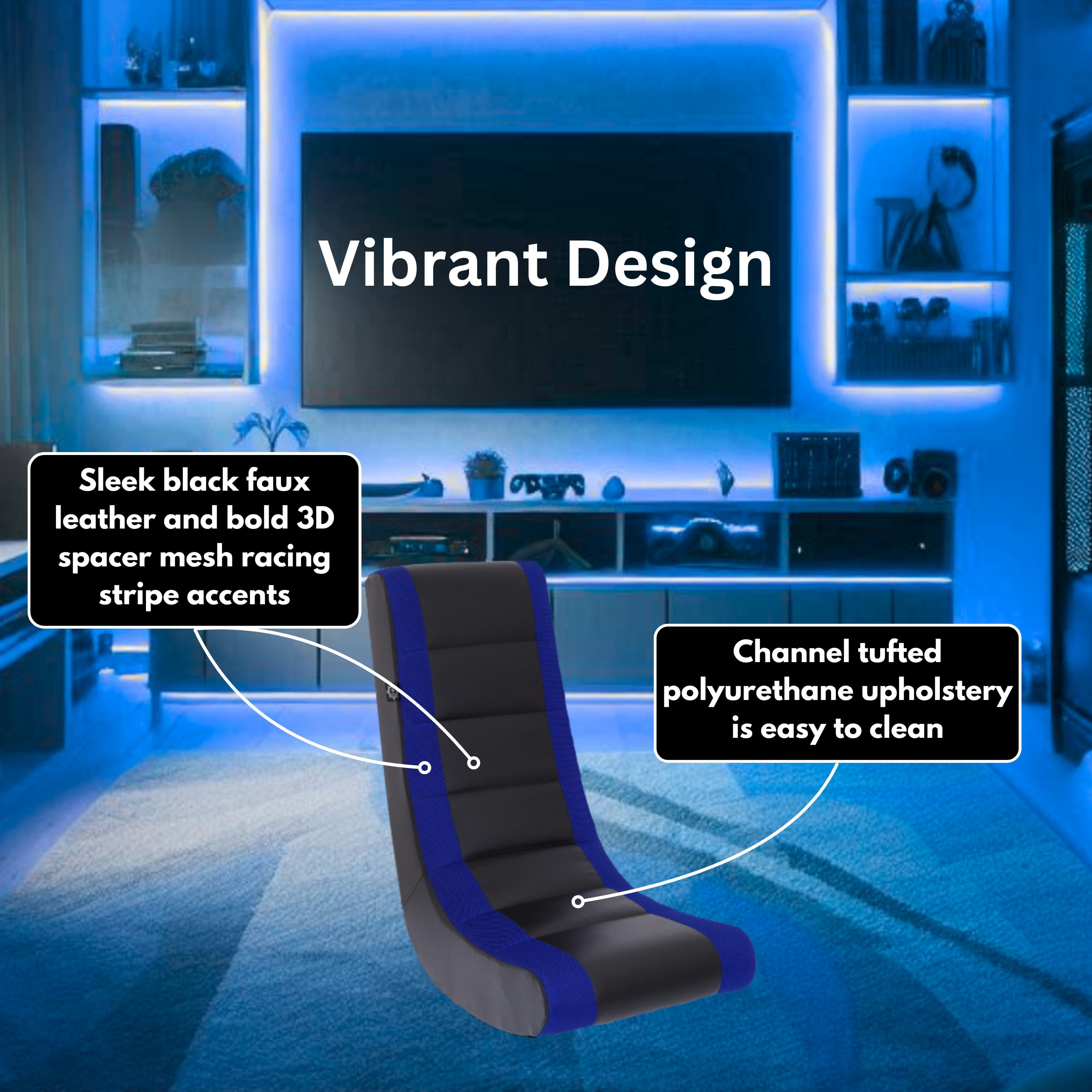 The Crew Furniture Classic Video Rocker Floor Gaming Chair, Kids and Teens, PU Faux Leather & Polyester Mesh, Black/Blue