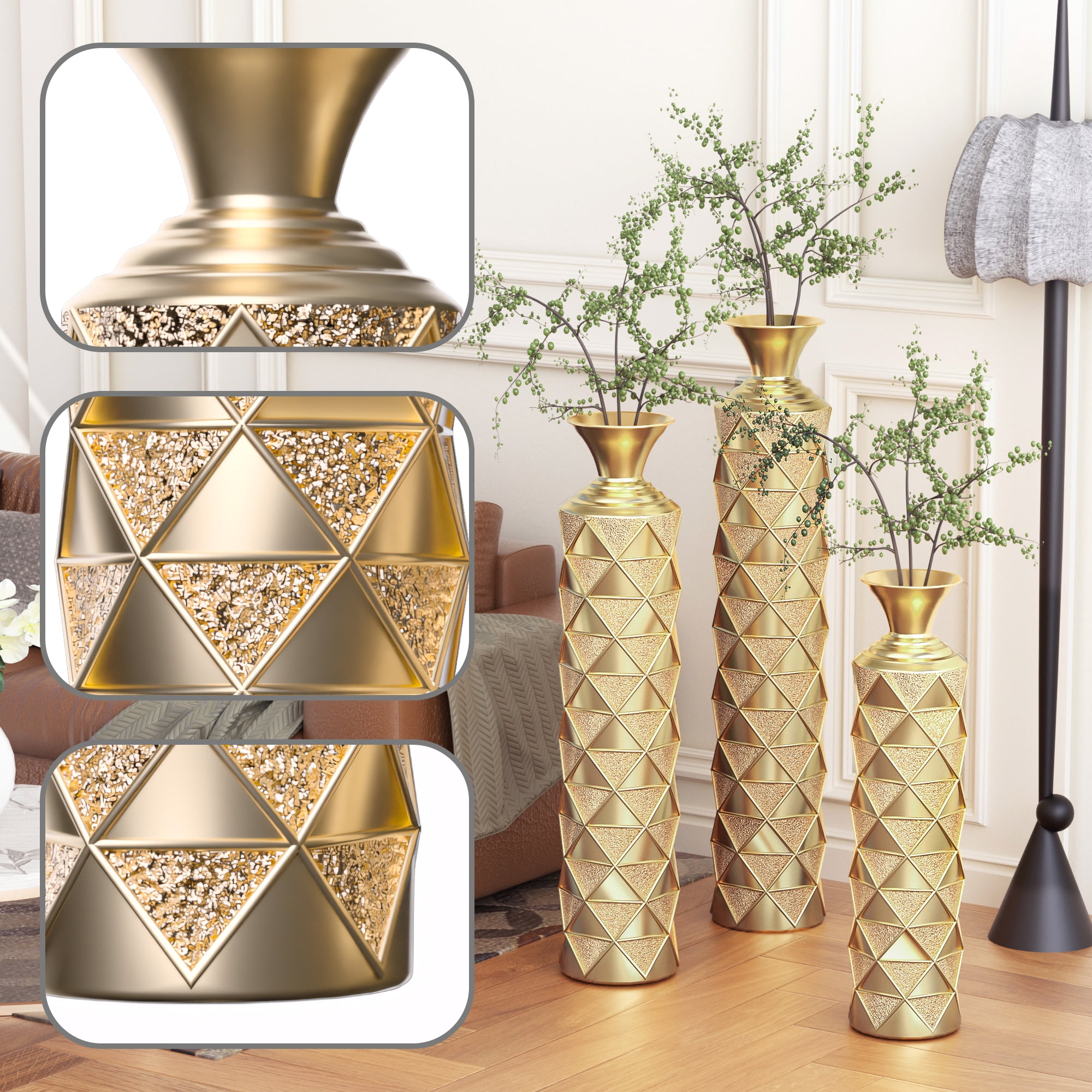 Aukfa Tall Floor Vase for Flowers,Set of 3 Large Metal Glazed Vase,24.5"/28.75"/33.5",Gold