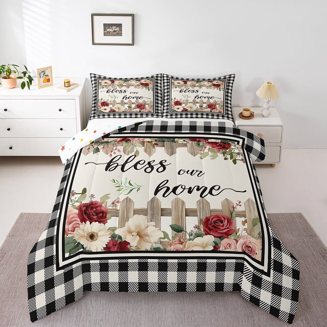 Erosebridal Ensembles de Literie Vintage à Fleurs Très Grand avec Couette, Insert de Couette à Carreaux Style Ferme, Réversible 3 Pcs, Réversible