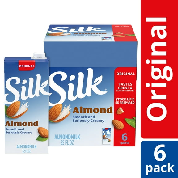 Silk Shelf Stable, Dairy Free, Lactose Free, Gluten Free, Original Almond Milk, 32 fl oz Quart, 6 Count