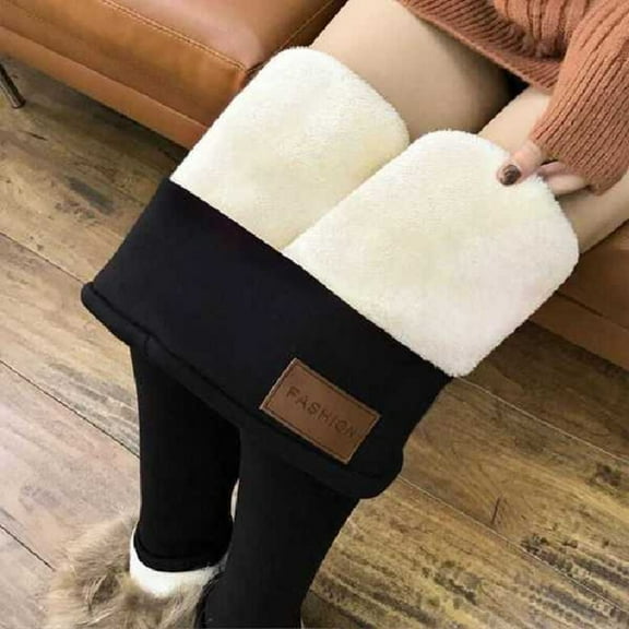 With Leather Patch Women Girl Thick Soft High Waisted Winter Leggings Fleece Lined Leggings Fluffy Leggings Thermal Leggings BLACK 2XL