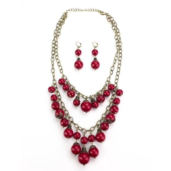 Elegant Red Beaded Statement Necklace and Earring Set with Antique Gold Tone Chain Jewelry Necklace Earring Gold