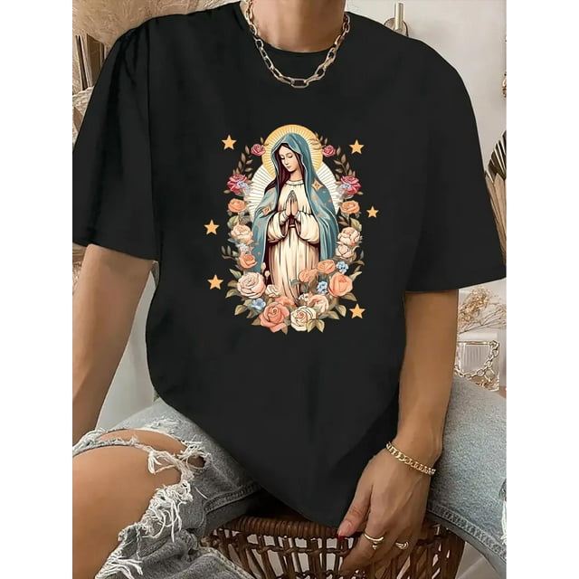 Camiseta De Mujer Verano Casual Mujer Básica Camiseta Para Deportes Callejeros PlayaVintage-Inspired Geometric Print T-Shirt for Women - Casual Crew Neck, Short Sleeve, Polyester Blend, Machine Wash