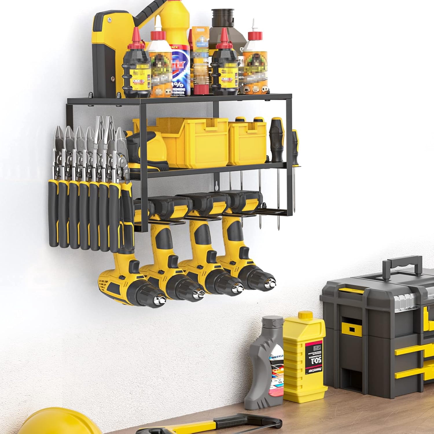 CATGOOD Power Tool Organizer, 3 Layers Storage Rack with 4 Drill Holders, Heavy Duty Metal Floating Tool Shelf Garage Wall Mounted, 180Lbs Load Capacity