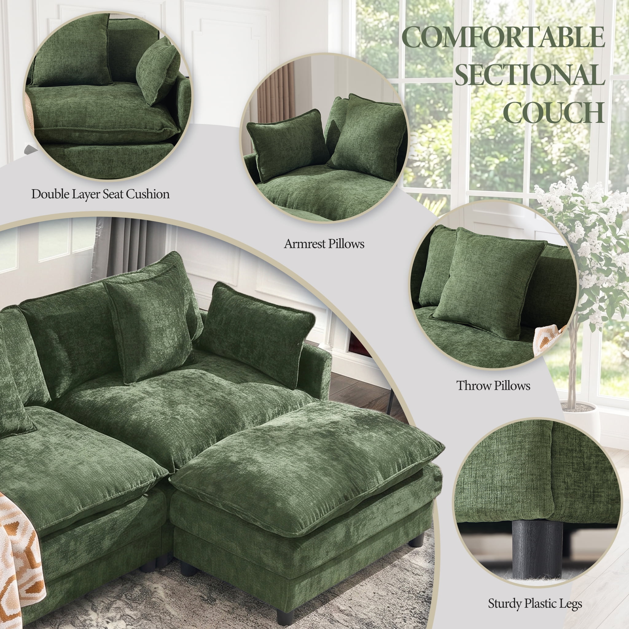AISWORD 120" L Shaped Modular Sectional Sofa, Cloud Couch with Movable Ottoman, 4 Seat Chenille Deep Seat Sofa with Throw Pillows for Living Room, Green