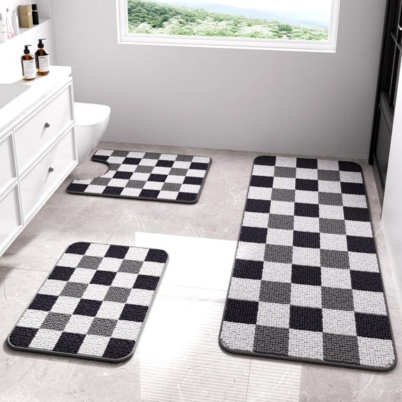 Black Bathroom Rugs Sets 3 Pieces, Thick Absorbent Chenille Bath Mat Set Non Slip, Checkered Soft Shaggy Floor Carpet 48"x20" 16"x24" U Shape 20"x24", for Bathroom, Bedroom, Tub, Living Room
