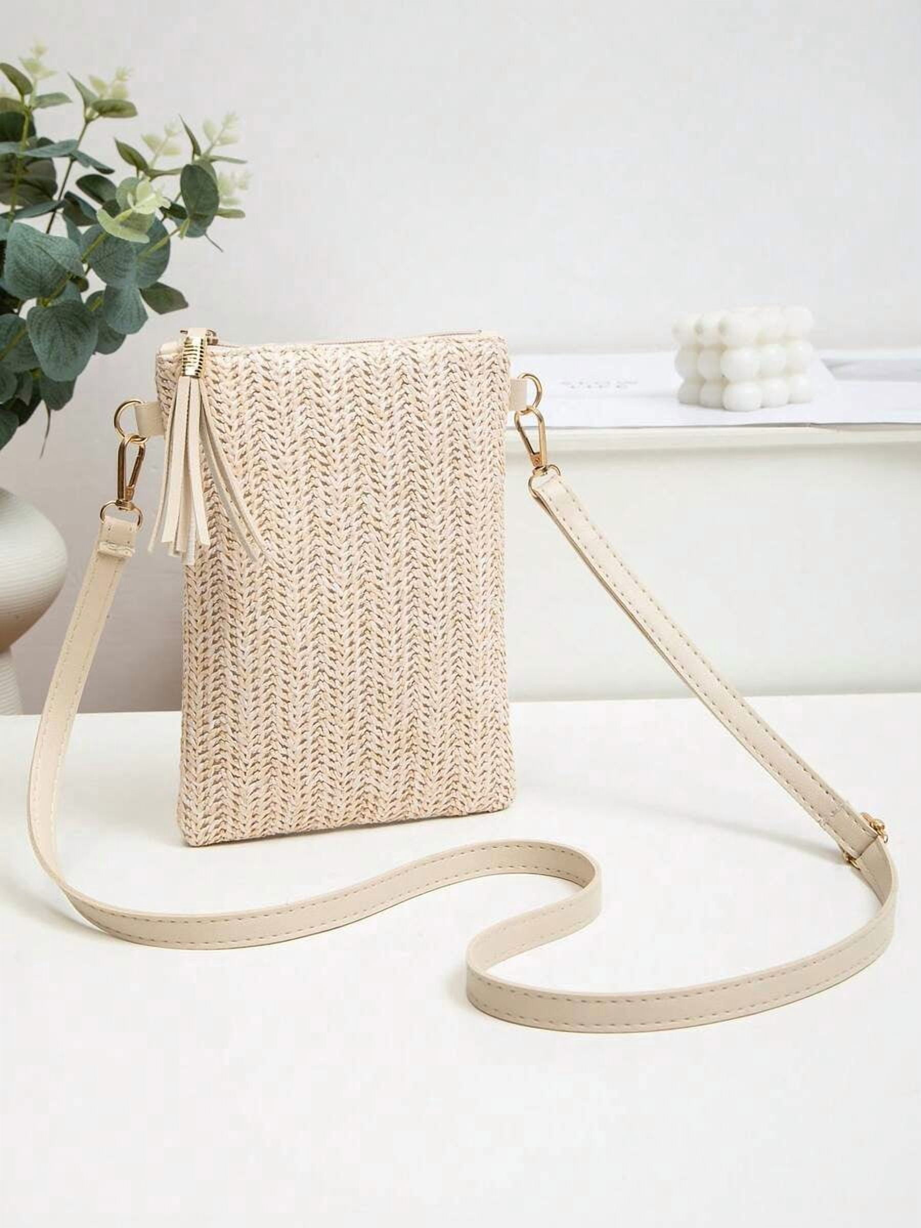 Mini Crossbody Bag For Women, Handwoven Cross-Body Bag, Solid Color Portable Handbag, French Casual Tassel Decor Bag, Large Capacity Multi-Function Zipper Shoulder Strap Bag, Travel Shopping Bag