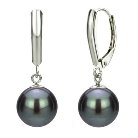 DaVonna 14k White Gold Black Cultured Pearl Dangle Earrings (9-10 mm)